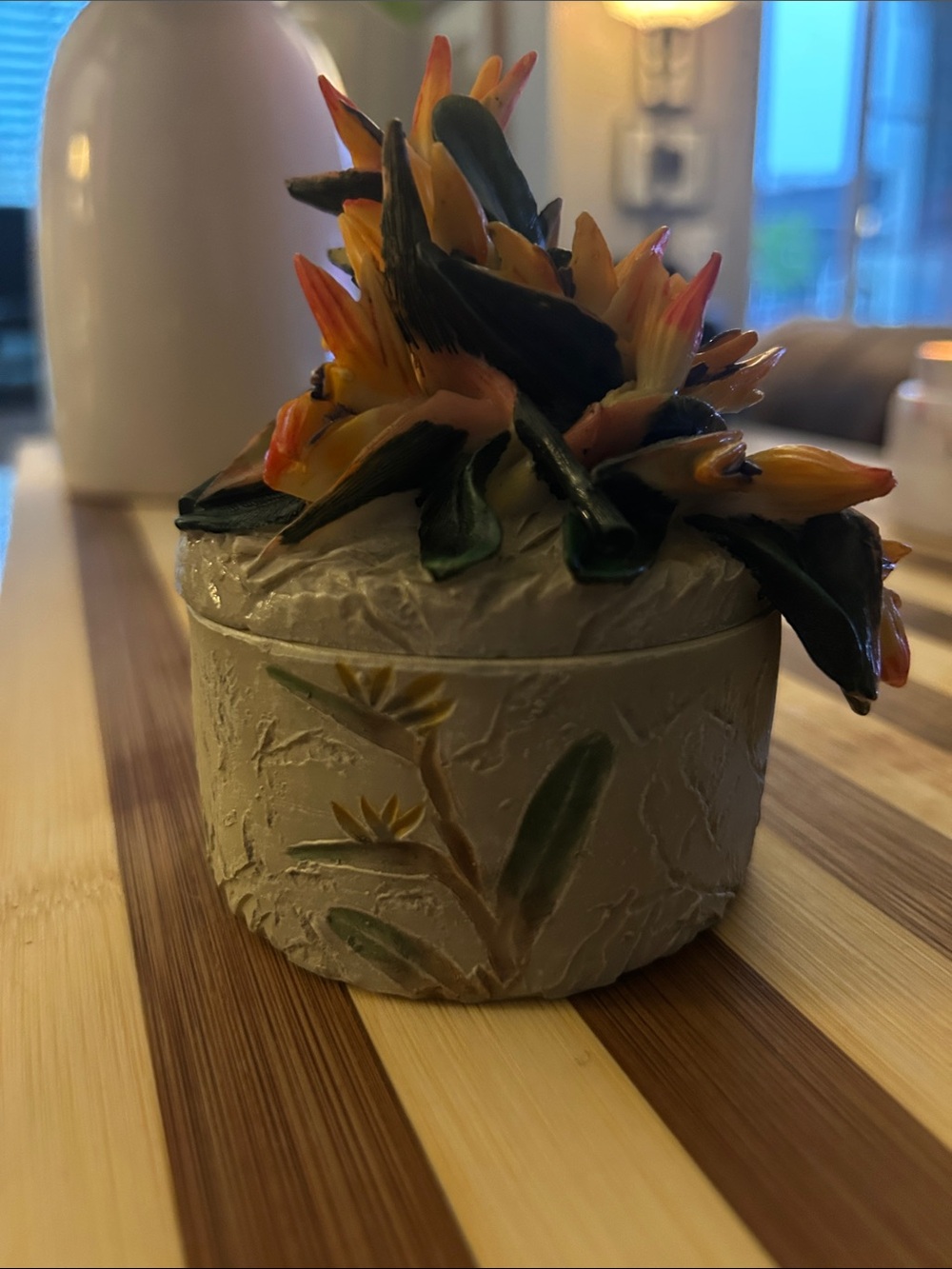 Handcrafted Floral Trinket Box in Cream with Orange and Green Accents